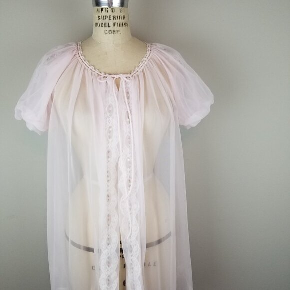 Vintage 1950's Pink Chiffon w/ Rosebuds Romantic Sheer Robe by Miss Elaine * NEW - Picture 2 of 11